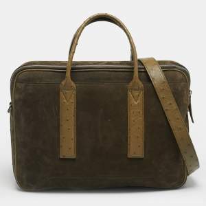 Pre Owned Bottega Veneta Neon Green Ostrich Leather and Suede Getaway Briefcase Bag