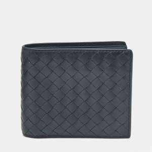 Pre Owned Bottega Veneta Navy Blue Intrecciato Leather Bifold Wallet