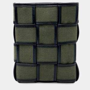 Pre Owned Bottega Veneta Black Green Canvas and Leather Cassette Phone Pouch