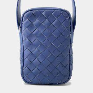 Pre Owned Bottega Veneta Intrecciato Shoulder Bag Blue Leather