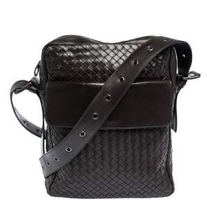 Bottega Veneta Dark Brown Intrecciato Leather Grommet Strap Messenger Bag