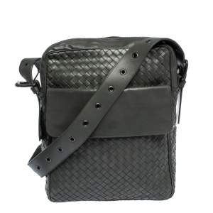 Bottega Veneta Grey Intrecciato Leather Grommet Strap Messenger Bag