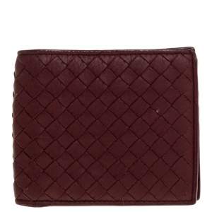 Pre Owned Bottega Veneta Maroon Intrecciato Leather Bifold Wallet