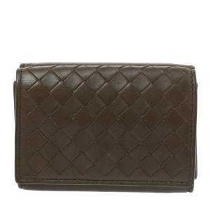 Pre Owned Bottega Veneta Olive Green Intrecciato Leather Trifold Wallet