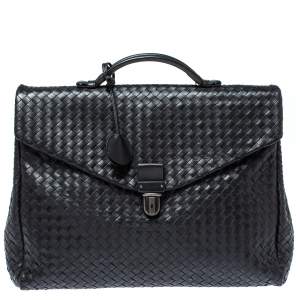 Pre Owned Bottega Veneta Black Intrecciato Leather Briefcase  