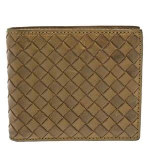 Pre Owned Bottega Veneta Khaki Green Intrecciato Leather Bi-Fold Wallet
