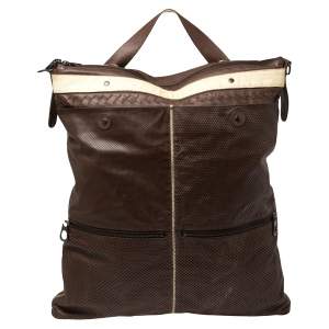 Bottega Veneta Dark Brown/Cream Perforated Leather Pocket Tote