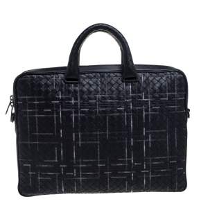 Bottega Veneta Black Intrecciato Leather Stitched Detail Briefcase