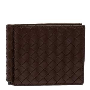 Pre Owned Bottega Veneta Dark Brown Intrecciato Leather Money Clip Bifold Wallet
