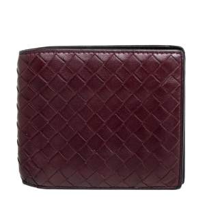 Pre Owned Bottega Veneta Maroon Intrecciato Leather Bifold Wallet