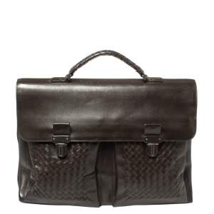 Pre Owned Bottega Veneta Dark Brown Intrecciato Leather Briefcase