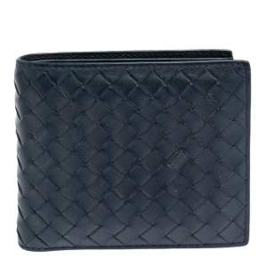 Pre Owned Bottega Veneta Blue Intrecciato Leather Bifold Wallet