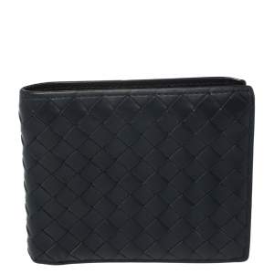 Pre Owned Bottega Veneta Navy Blue Intrecciato Leather Bifold Wallet