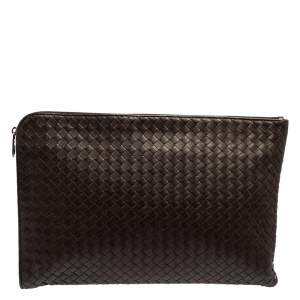 Bottega Veneta Dark Brown Intrecciato Leather Zip Document Case