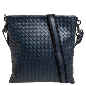 Bottega Veneta Blue Intrecciato Leather Messenger Bag