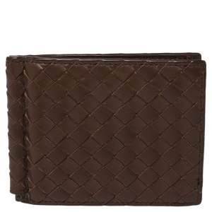 Pre Owned Bottega Veneta Brown Intrecciato Leather Money Clip Bifold Wallet