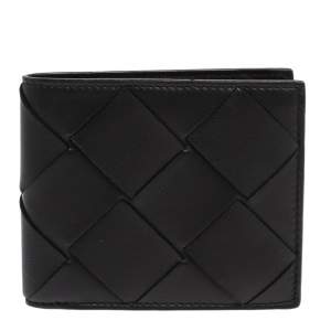Pre Owned Bottega Venetta Black Maxi Intrecciato Leather Bifold Wallet
