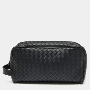 Bottega Veneta Black Intrecciato Leather Wash Pouch Bag