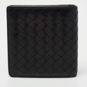 Pre Owned Bottega Veneta Black Intreciatto Leather Bifold Compact Wallet