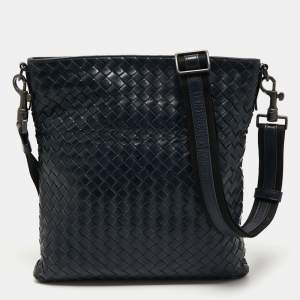 Bottega Veneta Navy Blue Intrecciato Leather Messenger Bag