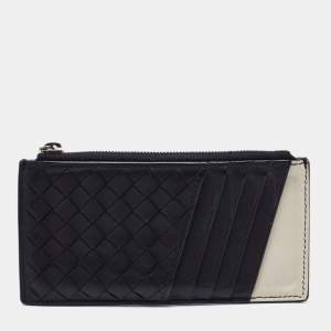 Bottega Veneta Black/Off White Intrecciato Leather Zip Card Case