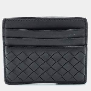 Pre Owned Bottega Veneta Black Intrecciato Leather Card Holder