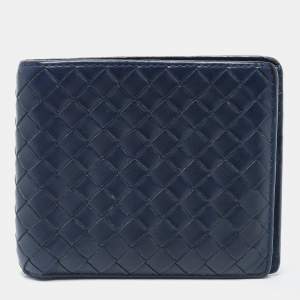 Pre Owned Bottega Veneta Navy Blue Intrecciato Leather Bifold Wallet