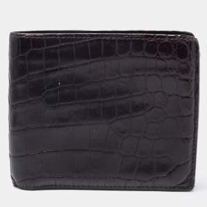 Pre Owned Bottega Veneta Dark Brown Crocodile Bifold Wallet