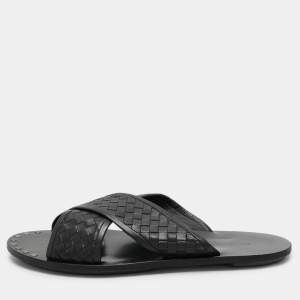 Bottega Veneta Black Intrecciato Leather Criss Cross Flat Slides Size 43