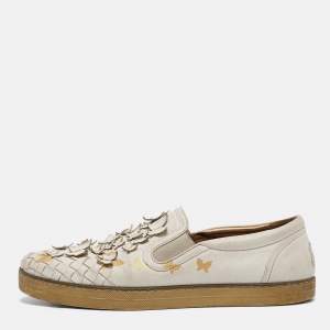 Bottega Veneta White Intrecciato Leather Butterfly Embellished Slip On Sneakers Size 39