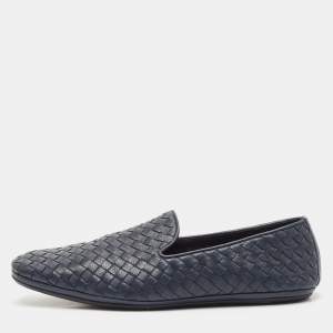 Bottega Veneta Navy Blue Intrecciato Leather Smoking Slippers Size 42