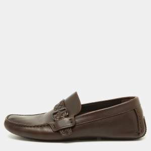 Bottega Veneta Dark Brown Leather Intrecciato Buckle Slip On Loafers Size 42