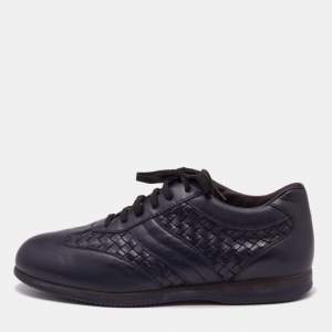 Bottega Veneta Navy Blue Intrecciato Lace Up Sneakers Size 45