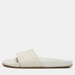 Bottega Veneta Cream Intrecciato Leather Lake Slide Sandals Size 45