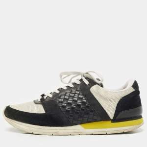 Bottega Veneta White/Black Intrecciato Leather and Suede Lace Up Sneakers Size 42