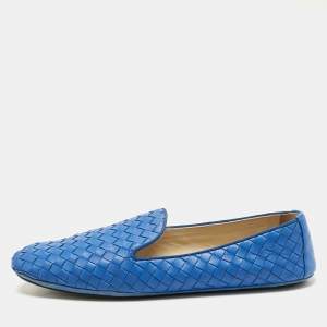 Pre Owned Bottega Veneta Blue Intrecciato Leather Smoking Slippers Size 40