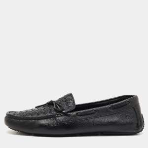 Pre Owned Bottega Veneta Black Intrecciato Leather Bow Slip On Loafers Size 41.5