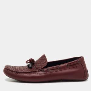 Pre Owned Bottega Veneta Burgundy Intrecciato Leather Bow Loafers Size 42.5