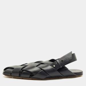 Pre Owned Bottega Veneta Black Leather Alfie Slingback Flat Sandals Size 42