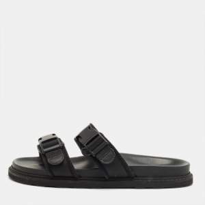 Pre Owned Bottega Veneta Black Fabric Logo Flat Slide Size 43