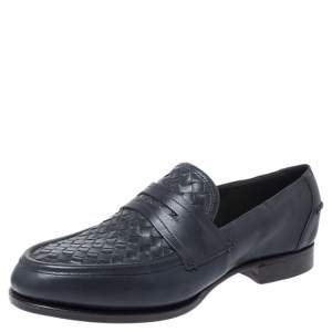 Bottega Veneta Blue Intrecciato Leather Penny Loafers Size 40
