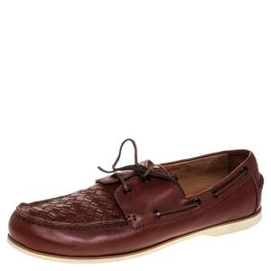 Pre Owned Bottega Veneta Maroon Intrecciato Leather Driving Loafer Size 43