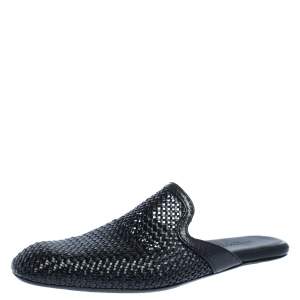 Pre Owned Bottega Veneta Black Woven Leather Espresso Fiandra Mules Size 41