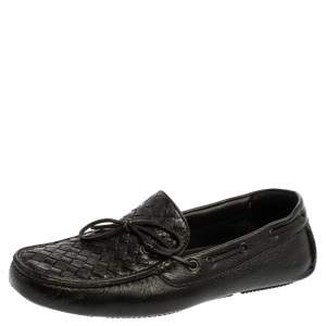 Pre Owned Bottega Veneta Black Intrecciato Leather Bow Slip On Loafers Size 40.5