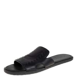 Pre Owned Bottega Veneta Black Leather Flat Slides Size 44