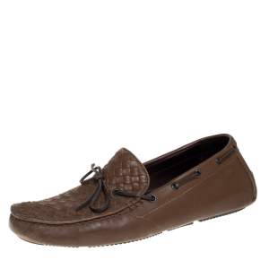 Bottega Veneta Brown Intrecciato Leather Bow Slip On Loafers Size 43