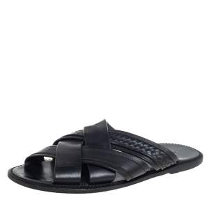 Pre Owned Bottega Veneta Black Intrecciato Leather Slide Sandals Size 42