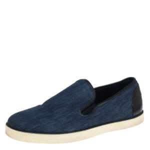 Bottega Veneta Blue Denim and Black Leather Trim Slip On Sneakers Size 43
