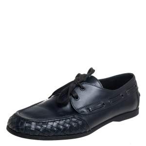 Pre Owned Bottega Veneta Navy Blue Intrecciato and Leather Lace Up Driving Loafers Size 43