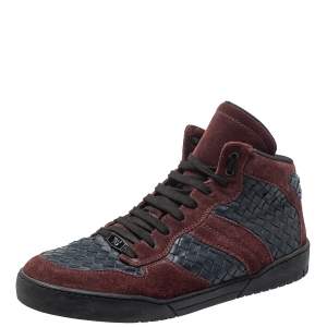 Bottega Veneta Burgundy/Navy Blue Suede And Intrecciato Leather High Top Lace Up Sneakers Size 43 